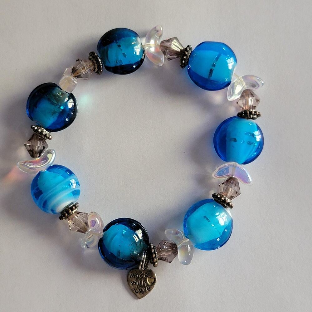 Vintage Blue Glass Beaded Bracelet 8in Lucite Crystal Charm Tie Closure
